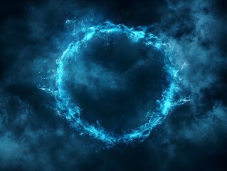 Neon blue circle frame on a dark background.