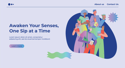 Naklejka premium Flat vector illustration of a website page featuring female characters holding coffee, chatting, smiling. Casual outfits, vibrant colors, friendly vibe. Modern style, expressive poses, social atmosphe