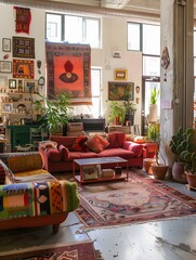 Illustration of A cluttercore-inspired trendy loft, with an open floor plan filled with eclectic furniture, art installations, and an abundance of cozy, colorful textiles. Ai Generate.
