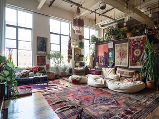 Illustration of A cluttercore-inspired trendy loft, with an open floor plan filled with eclectic furniture, art installations, and an abundance of cozy, colorful textiles. Ai Generate.
