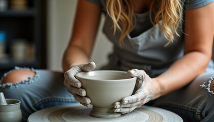 Woman shapes bowl on pottery wheel. Focused artisan creates ceramic bowl with joy, skill. Creative process. Pottery studio setting. Traditional handcraft. Hand shapes clay. Unique creation. Tactile