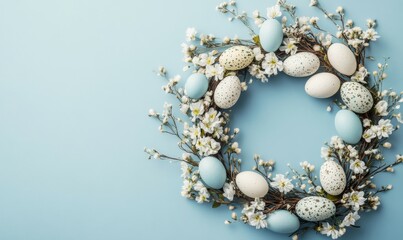 Easter wreath of flowers and eggs on blue background. Easter decorations.