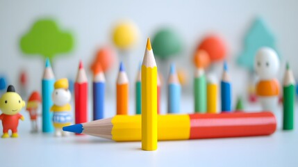 Colorful pencils arranged in a row with sharp tips, ready for drawing and creativity in a school setting
