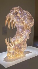 Obraz premium Illuminated glass dinosaur skull art museum exhibit. Use Science education, art