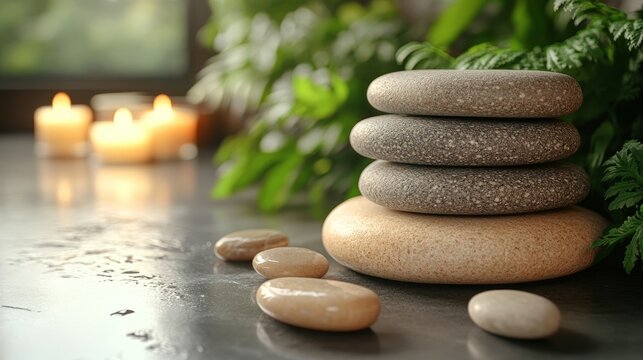 Clean and simple massage template featuring stacked stones with candles and greenery