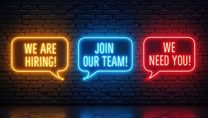 Neon signs on brick wall advertise job openings. Hiring. Join team. Need. Recruitment poster. Business opportunity. Hiring concept. Bright colors. Modern illustration for job vacancies.