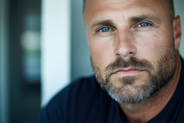 Obraz premium Close-up shot of a man looking directly at the camera, showcasing intense blue eyes and a well-groomed beard, conveying confidence and determination.