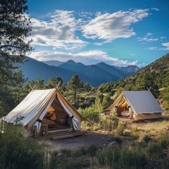 Mountain glamping tents, scenic view, luxury camping