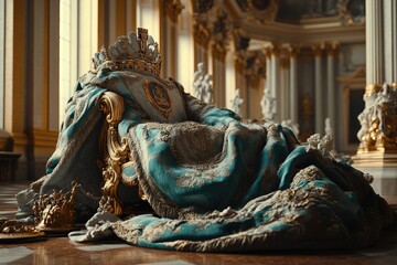 Abandoned throne in opulent palace; sunlit hall; history, royalty, power