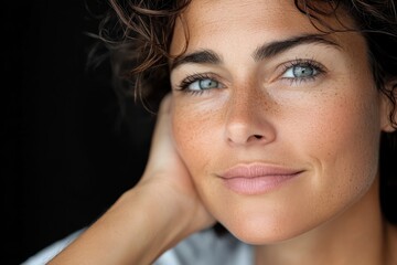 Naklejka premium A mesmerizing shot of a woman with curly hair and striking blue eyes, showcasing her freckles and capturing a moment of serene beauty in a soft-lit environment.
