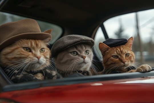 Three cats wearing hats sitting inside a vintage car in a rural setting enjoying a road trip together