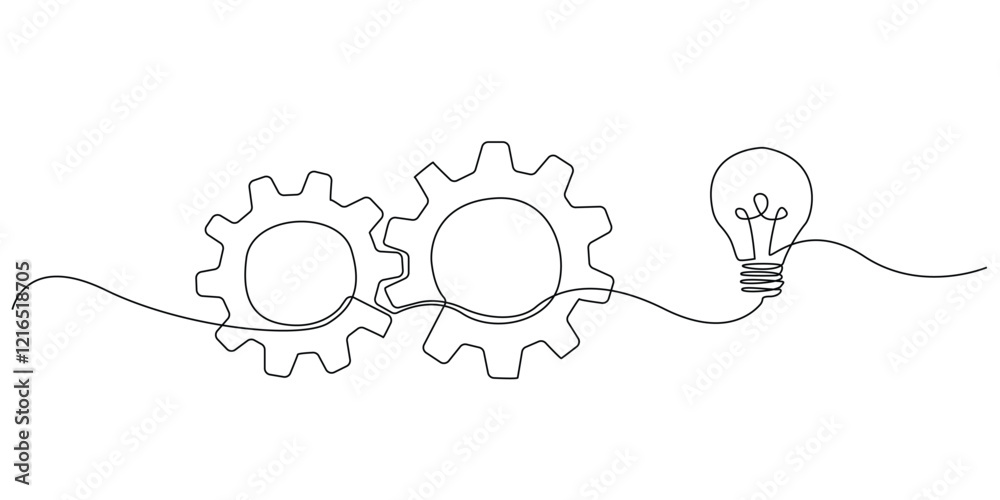 Wall mural continuous line of interlocking gears and light bulbs.one line drawing of gears related to light bul