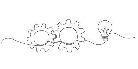 continuous line of interlocking gears and light bulbs.one line drawing of gears related to light bulbs.single line vector illustration for industrial and technology signs.isolated white background