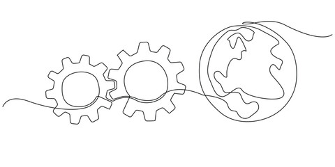 continuous line of interlocking gears and earth.one line drawing of gears related to the world.single line vector illustration for industrial,technological and ecological signs.