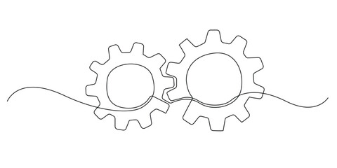 continuous line of interlocking gears.one line drawing of interlocking gears.single line vector illustration for industrial and technology signs.isolated white background