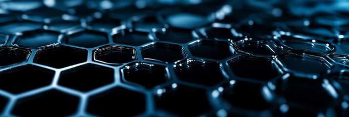 Fototapeta premium Abstract background with hexagons and connection lines on a dark blue backdrop, a technology or science concept banne