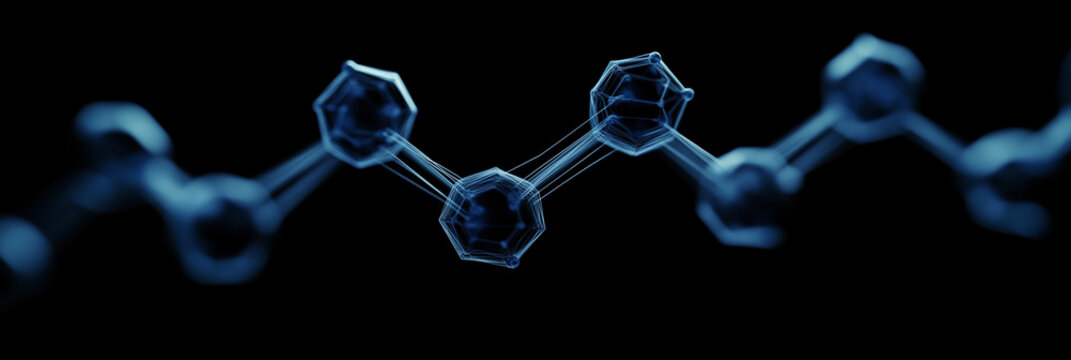 
Abstract background with hexagons and connecting dots in blue color on a dark black backdrop