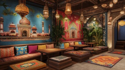 Obraz premium An eclectic Indian restaurant with vibrant wall murals depicting traditional scenes