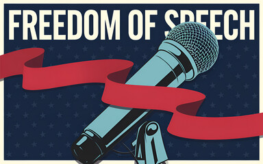 Freedom of speech illustration with a microphone wrapped in red ribbon