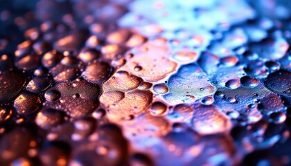 Vibrant close-up of multicolored water droplets on textured surface