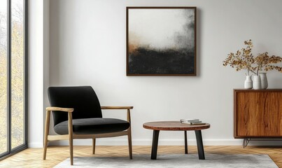 Minimalist living room interior with a black chair, wooden table, and a framed picture