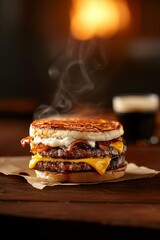 Breakfast burger with caramelized onions, melted cheese, and a perfectly toasted beef patty, served in a soft golden muffin bun. 