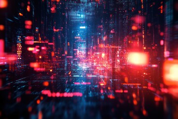 Obraz premium Glitched display with vibrant error symbols, scattered across a dark, chaotic digital background filled with static noise