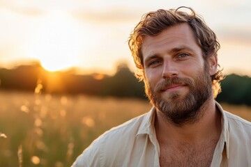 Fototapeta premium A happy man with curly hair smiles while enjoying the warmth of a stunning sunset in a field, representing joy and the beauty of life's simple moments.