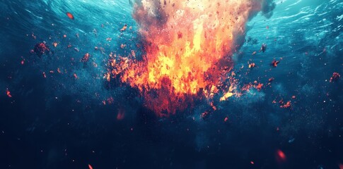 Fiery underwater volcanic eruption spectacular scene