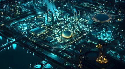 A city skyline with a large industrial area with many buildings and a large oil refinery. The sky is dark and the city is lit up with lights