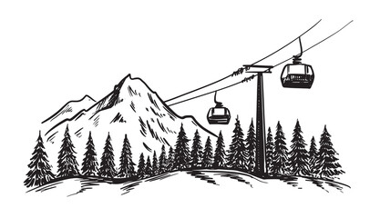 Ski Lift in mountain, Winter,  black on white, hand drawn	
