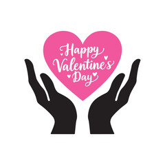 happy valentine’s day typography with hands holding a heart