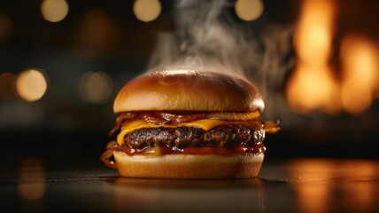 Juicy cheeseburger with caramelized onions, melted cheese, and a perfectly toasted beef patty, served in a soft golden bun. 