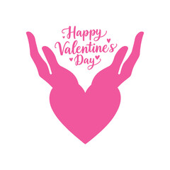 happy valentine’s day typography with hands holding a heart