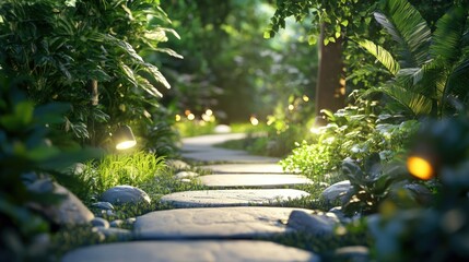 Serene Path Through a Japanese Garden at Dusk