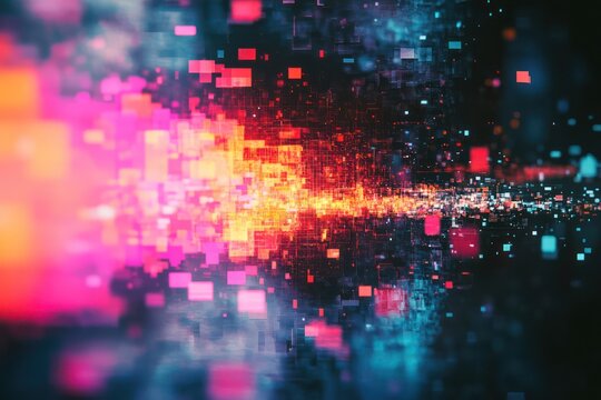 Glitching interface with faded colors, flickering with digital noise and fragmented symbols