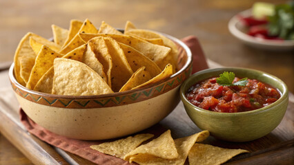 Crispy tortilla chips served with fresh salsa in bowl, perfect for sharing
