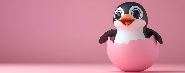 Obraz premium Happy penguin chick hatching from pink egg.