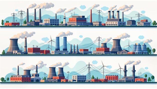 Power plants, factories for electricity generation displayed in set of illustrations. Different types of industrial buildings shown in flat style. Various energy generation methods highlighted in
