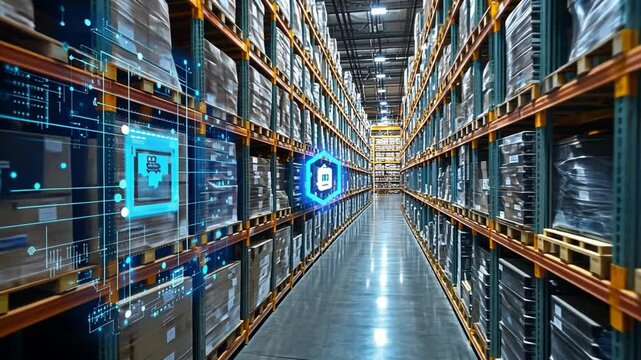 High-tech warehouse with automated inventory management in a modern storage facility