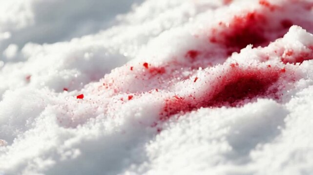 Deep red bloodstains contrast starkly against a pristine blanket of white snow, suggesting a recent struggle or event in a secluded winter landscape, creating a haunting visual narrative