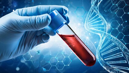 growth factor steam cell test tube in hand, hand taking a blood sample tube with DNA structure background. Technician holding blood tube test in the research laboratory