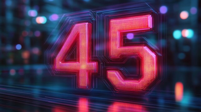 Glowing Digital 3D Number 45 in Futuristic Cyber Cityscape with Abstract Neon Lights Background - Powered by Adobe