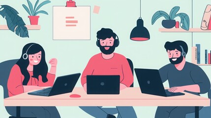 Three young professionals collaborate in a modern workspace, using laptops and headsets. A cheerful and productive atmosphere.