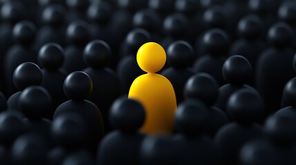 A unique yellow figure contrasts against numerous dark silhouettes representing brand differentiation and the power to distinguish oneself from competitors