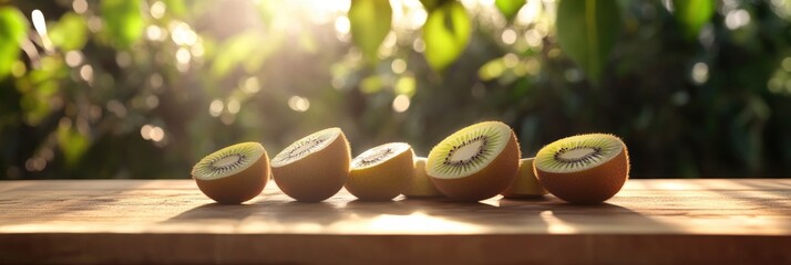 A wooden board with several kiwi fruits cut in half, with sunlight shining on them, plants on background