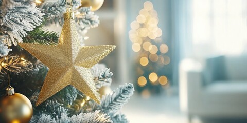 a gold star Christmas tree decoration with white snowflakes and golden baubles, with a blurred living room background