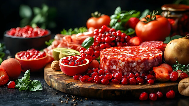 A vibrant and colorful spread of fresh red fruits, vegetables, and cured meats arranged on a rustic wooden board, creating a delicious and healthy mea