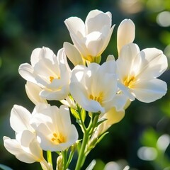 White Freesia flowers in sunlight, garden background, nature beauty, floral design