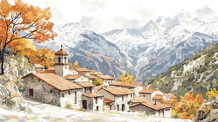 Obraz premium Autumnal Village Nestled in the Pyrenees Mountains.
